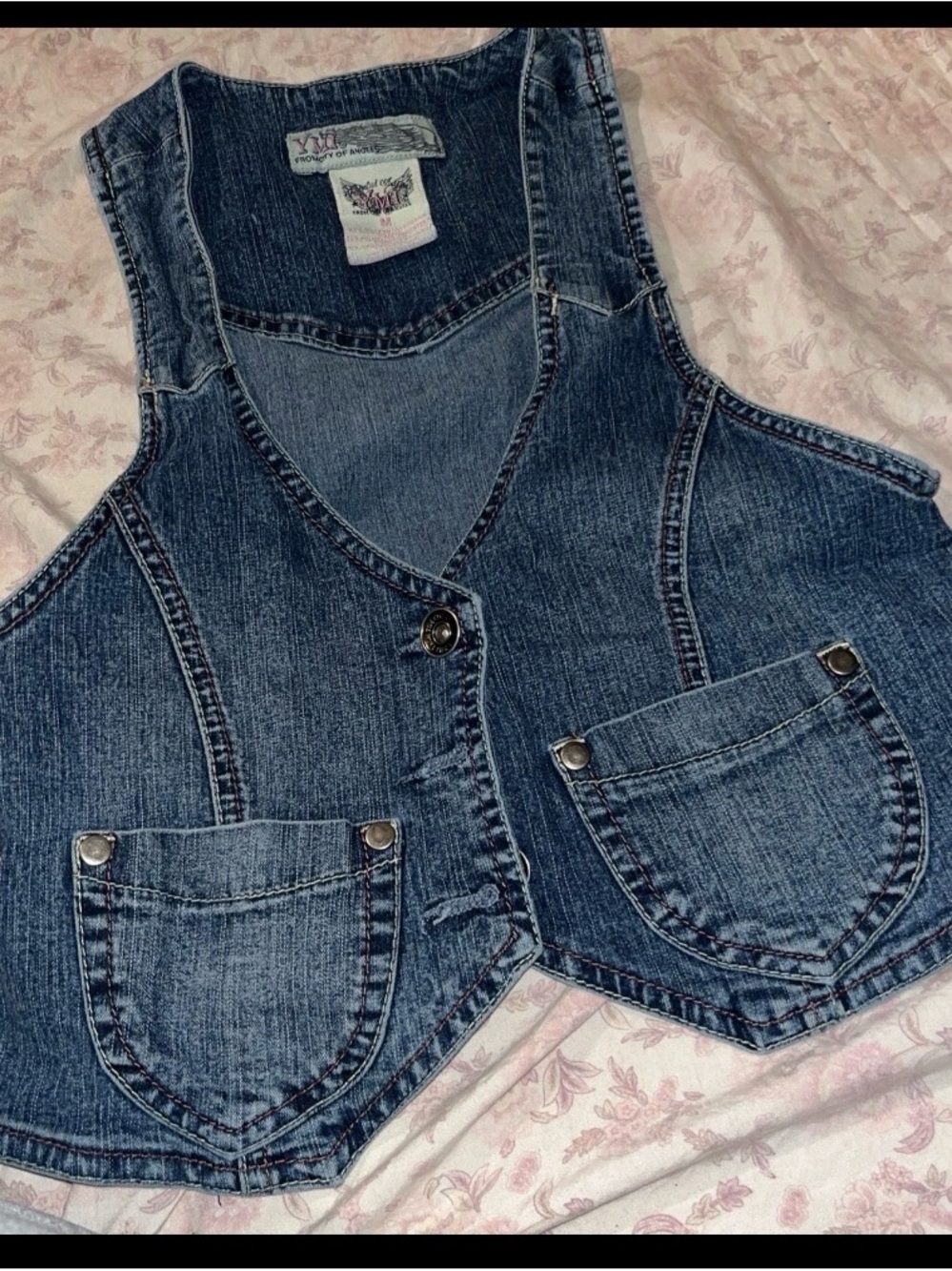 YMI Denim Vest Womens M Cropped Jean Jacket Sleeveless V-neck Retro Y2K 2000s